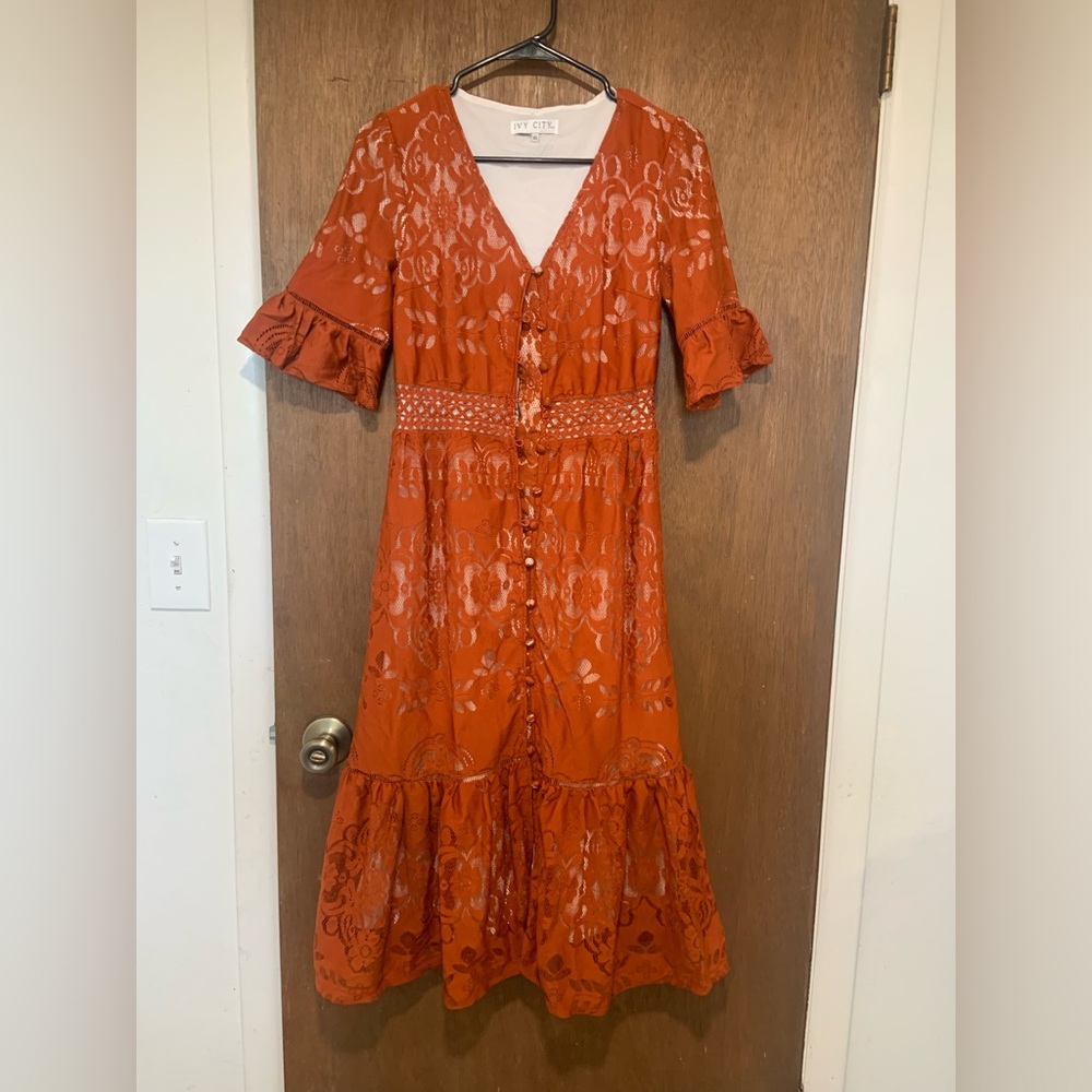 Ivy City Co Monroe dress Orange Flutter Sleeve Midi Dress V-Neck